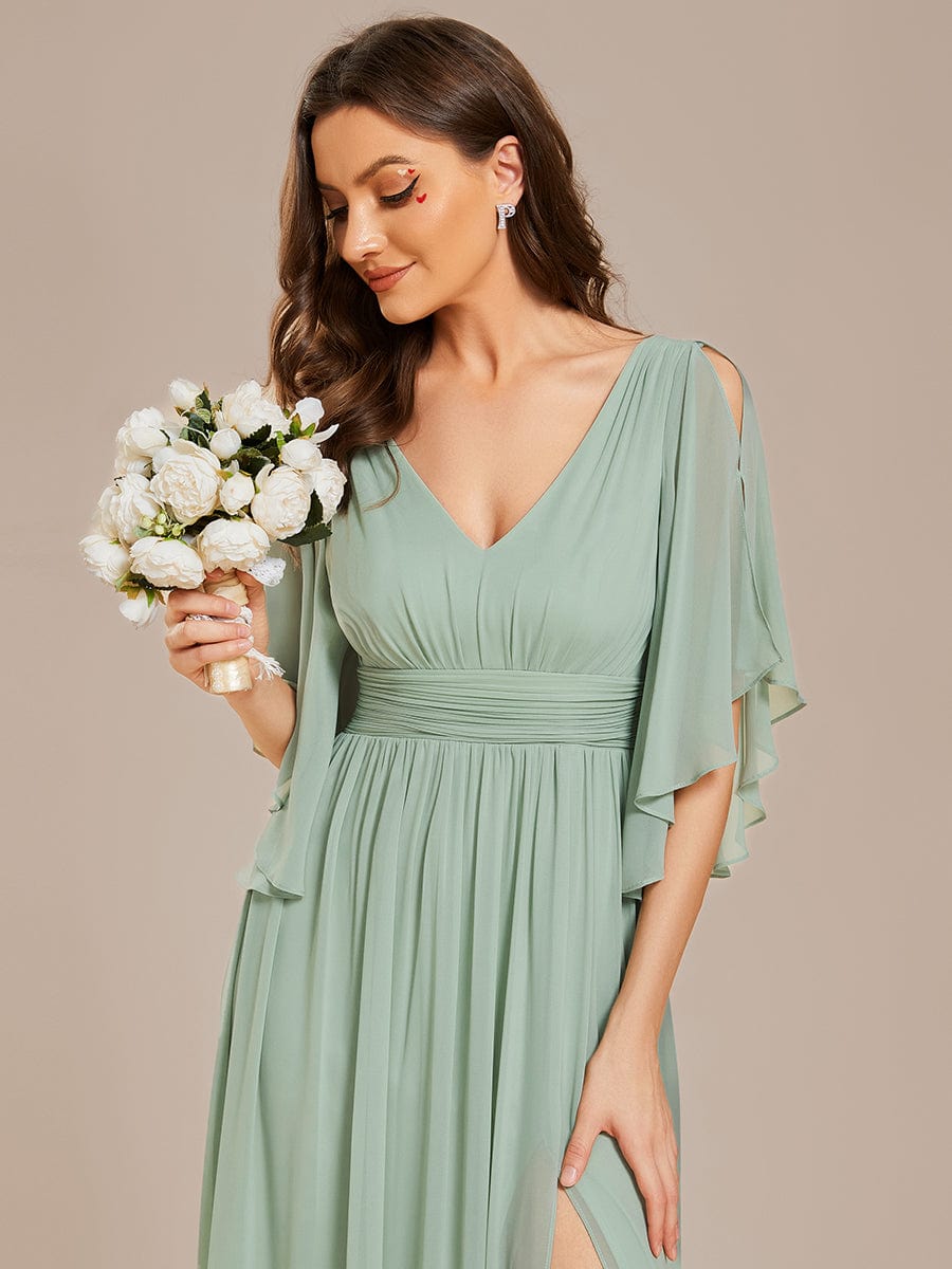 Half Sleeve V-Neck Pleated High Slit A-Line Chiffon Bridesmaid Dress Mother of the Bride Dresses