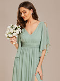 Half Sleeve V-Neck Pleated High Slit A-Line Chiffon Bridesmaid Dress Mother of the Bride Dresses