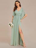Half Sleeve V-Neck Pleated High Slit A-Line Chiffon Bridesmaid Dress Mother of the Bride Dresses