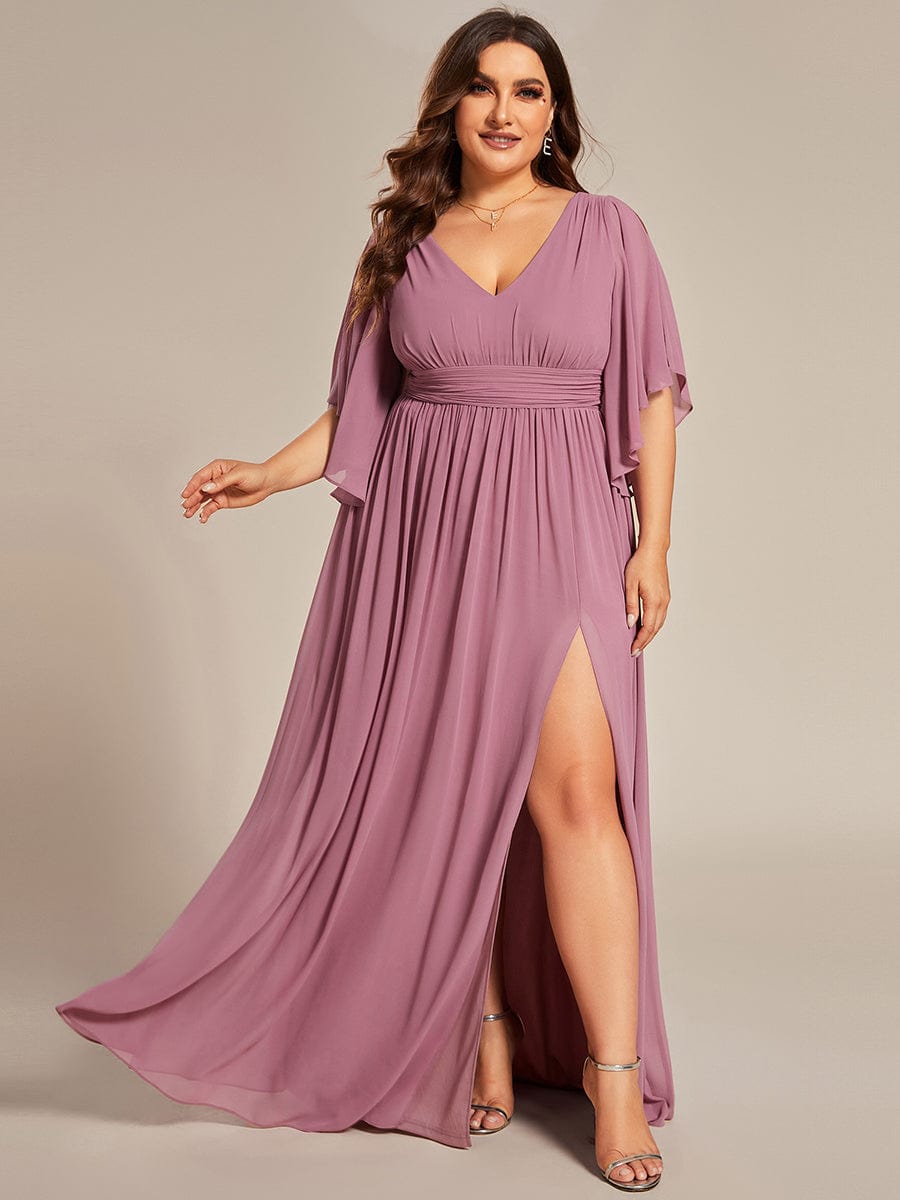 Half Sleeve V-Neck Pleated High Slit A-Line Chiffon Bridesmaid Dress Mother of the Bride Dresses