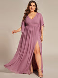 Half Sleeve V-Neck Pleated High Slit A-Line Chiffon Bridesmaid Dress Mother of the Bride Dresses