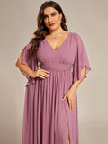Half Sleeve V-Neck Pleated High Slit A-Line Chiffon Bridesmaid Dress Mother of the Bride Dresses