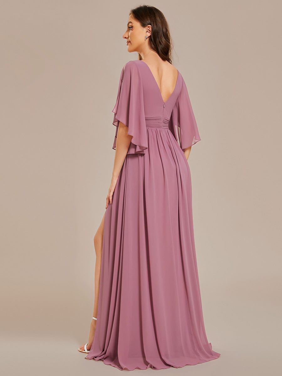 Half Sleeve V-Neck Pleated High Slit A-Line Chiffon Bridesmaid Dress Mother of the Bride Dresses