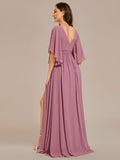 Half Sleeve V-Neck Pleated High Slit A-Line Chiffon Bridesmaid Dress Mother of the Bride Dresses