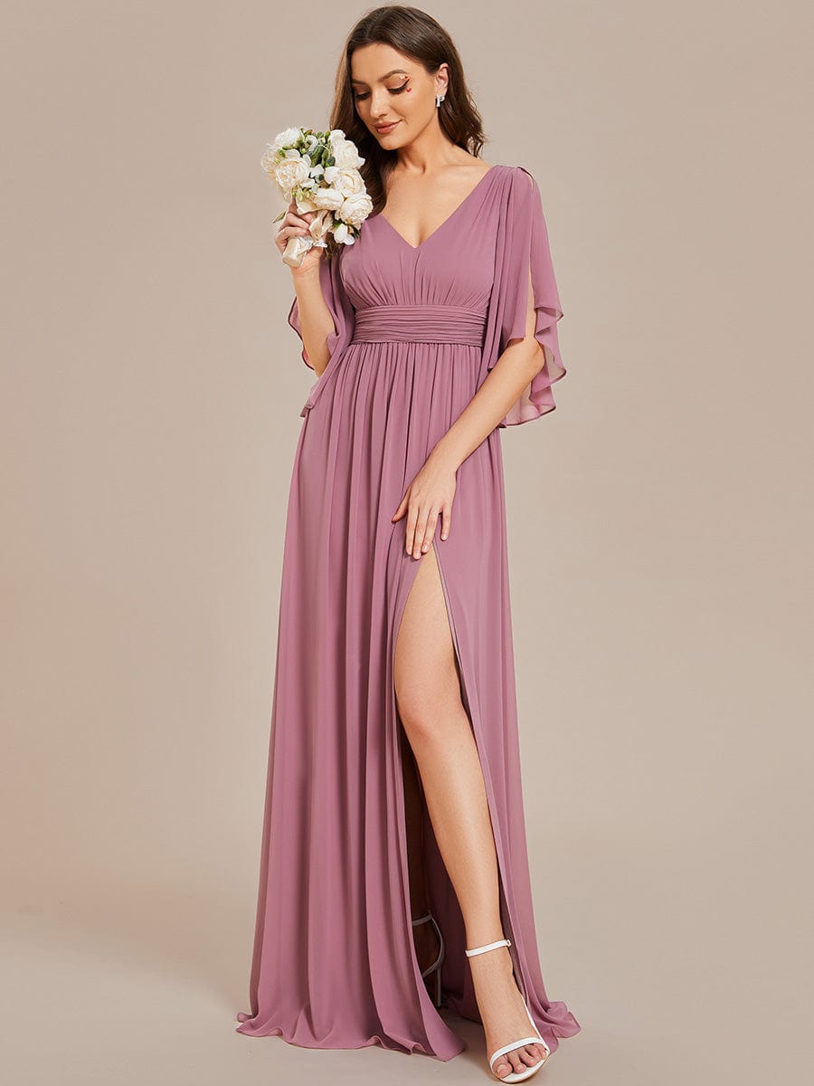 Half Sleeve V-Neck Pleated High Slit A-Line Chiffon Bridesmaid Dress Mother of the Bride Dresses