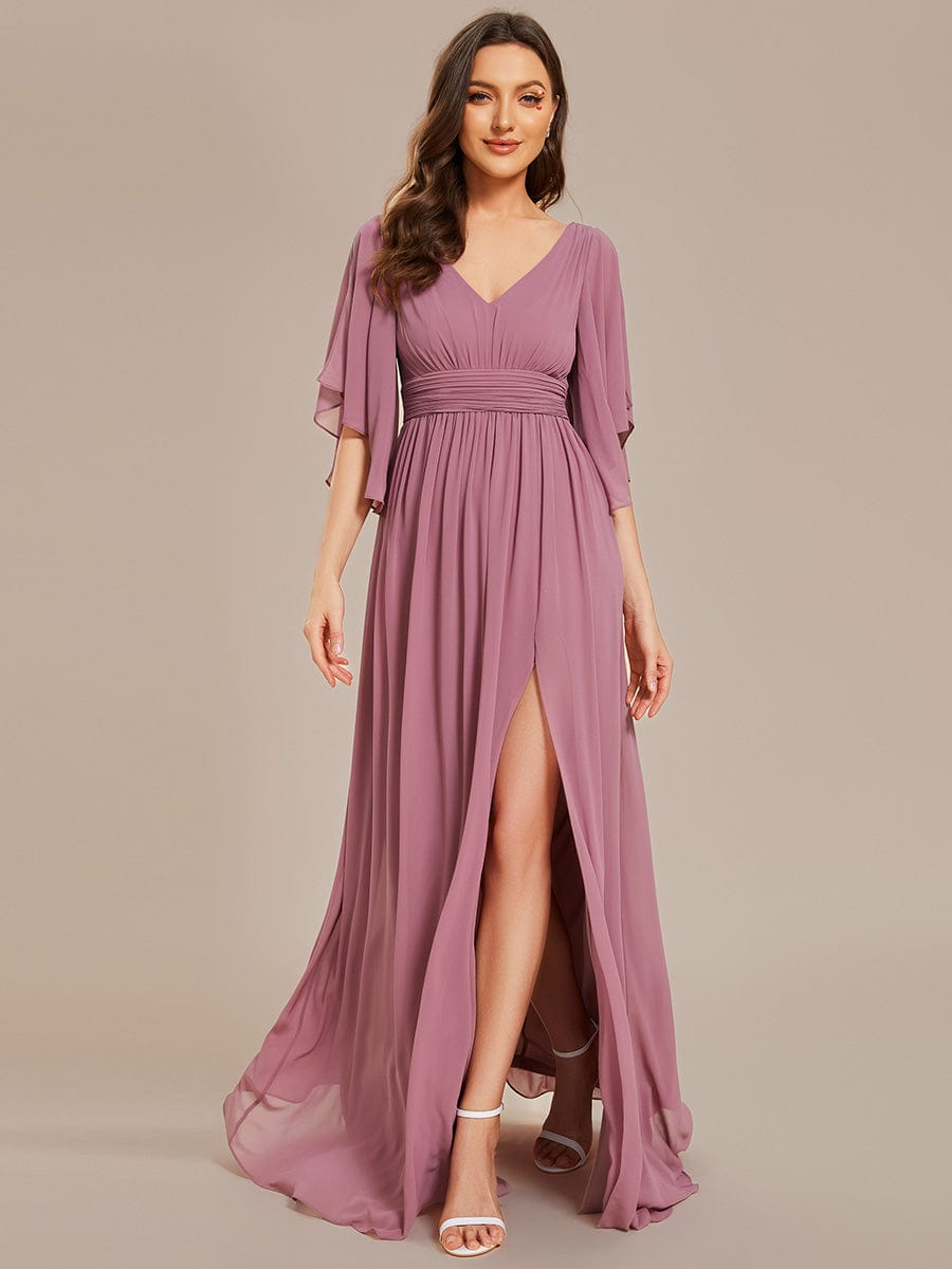 Half Sleeve V-Neck Pleated High Slit A-Line Chiffon Bridesmaid Dress Mother of the Bride Dresses