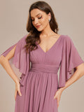 Half Sleeve V-Neck Pleated High Slit A-Line Chiffon Bridesmaid Dress Mother of the Bride Dresses