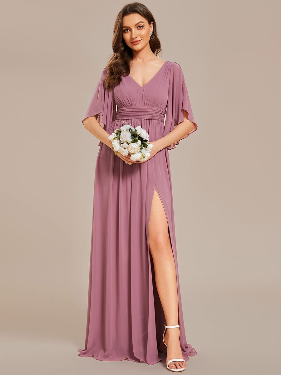 Half Sleeve V-Neck Pleated High Slit A-Line Chiffon Bridesmaid Dress Mother of the Bride Dresses