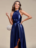 Vestido de dama de honor de satén con cuello halter, corte A, alto y bajo, para fiesta de graduación