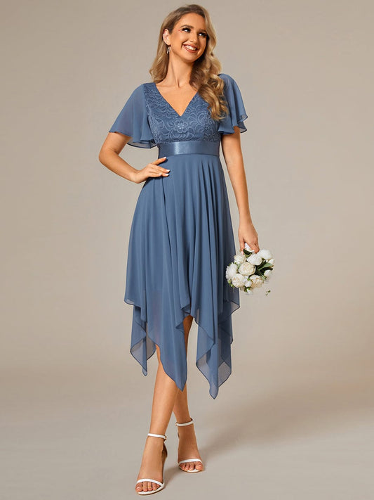 Asymmetrical Hem Empire Waist Short Sleeves Knee-Length Bridesmaid Dress Prom Party Dresses