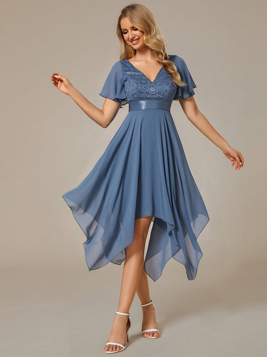 Asymmetrical Hem Empire Waist Short Sleeves Knee-Length Bridesmaid Dress Prom Party Dresses