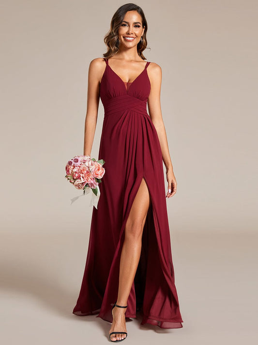 Deep V-Neck High Front Slit Spaghetti Strap Back X-Cross Bridesmaid Dress Prom Evening Dresses