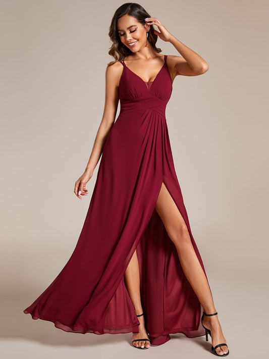 Deep V-Neck High Front Slit Spaghetti Strap Back X-Cross Bridesmaid Dress Prom Evening Dresses