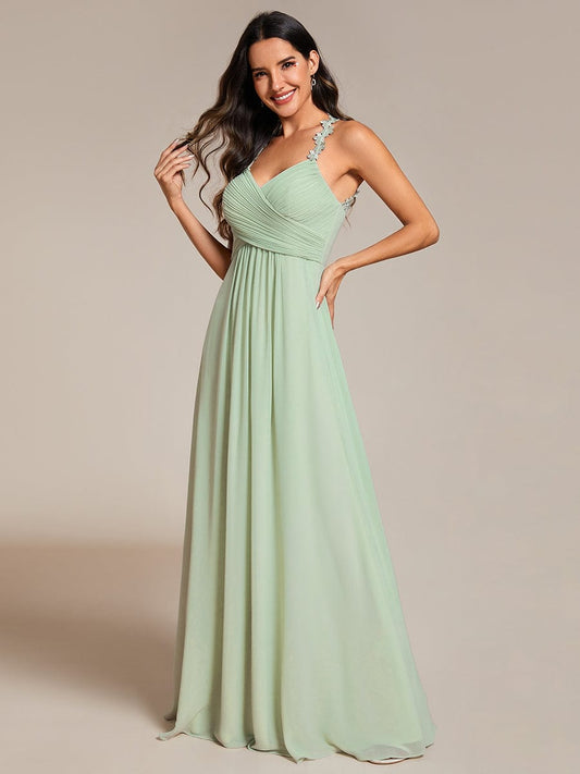 Floral Halter Neck Pleated Backless Bridesmaid Dress in Chiffon Formal Evening Dresses