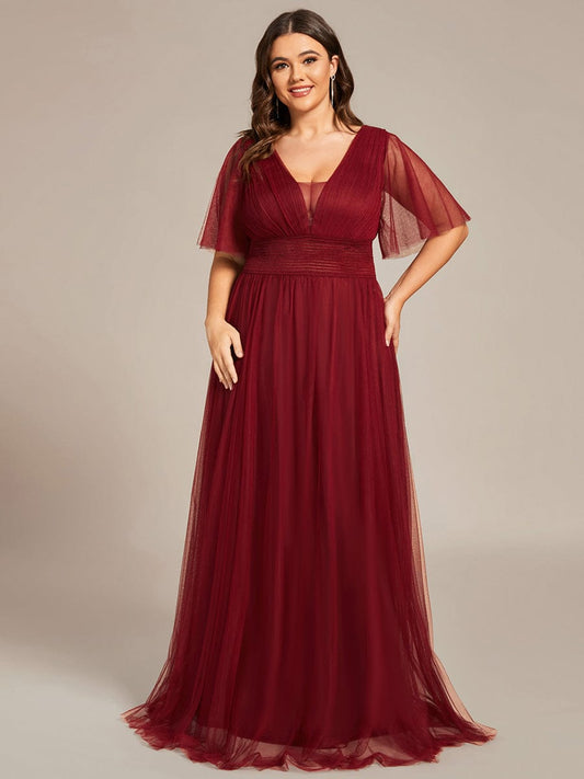 Custom Size A-Line Pleated Flutter Sleeve Tulle Maxi Bridesmaid Dress Mother of the Bride Dress Evening Gowns
