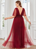Custom Size A-Line Pleated Flutter Sleeve Tulle Maxi Bridesmaid Dress Mother of the Bride Dress Evening Gowns