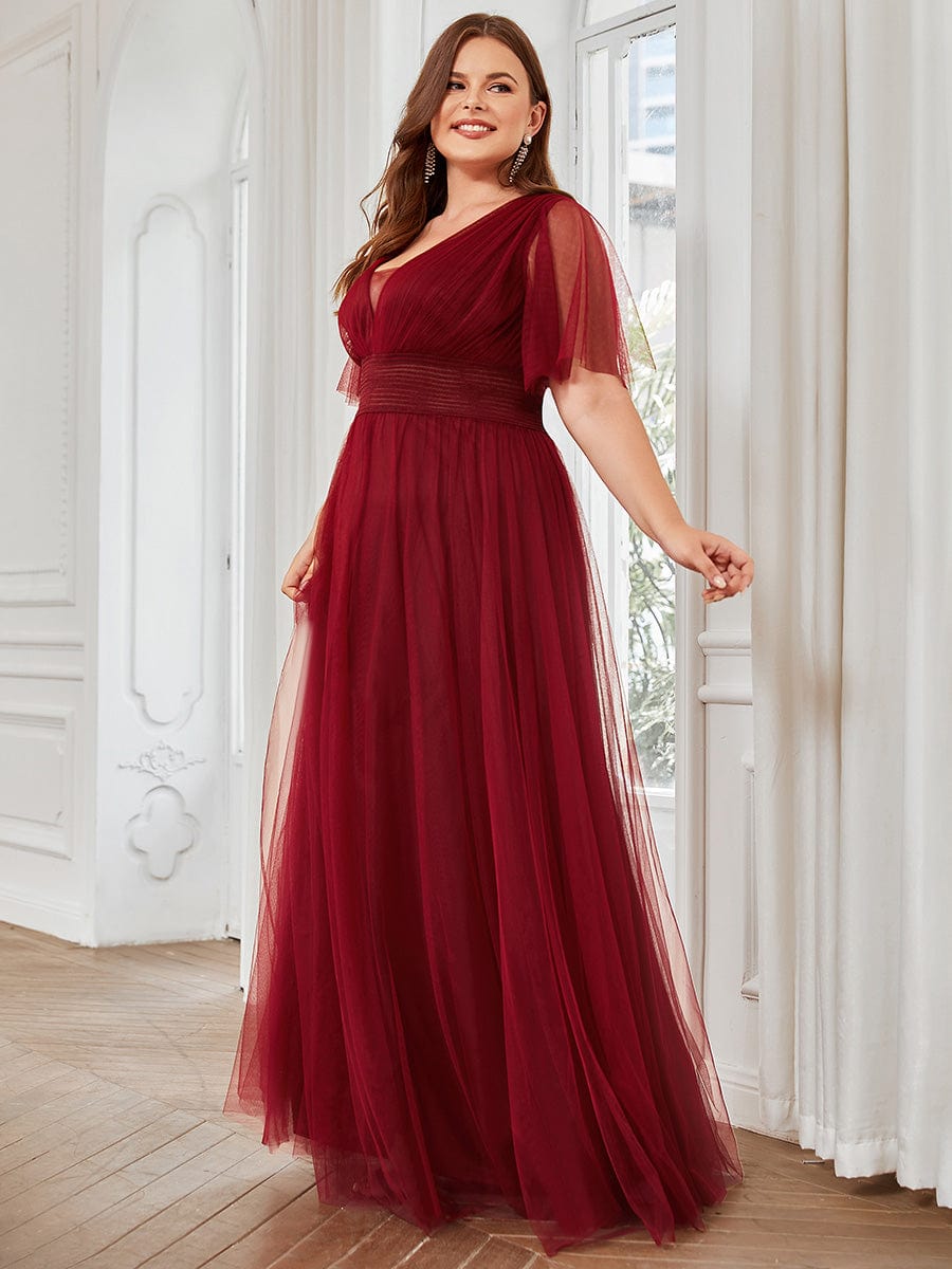 Custom Size A-Line Pleated Flutter Sleeve Tulle Maxi Bridesmaid Dress Mother of the Bride Dress Evening Gowns