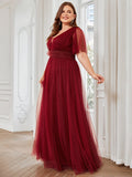 Custom Size A-Line Pleated Flutter Sleeve Tulle Maxi Bridesmaid Dress Mother of the Bride Dress Evening Gowns