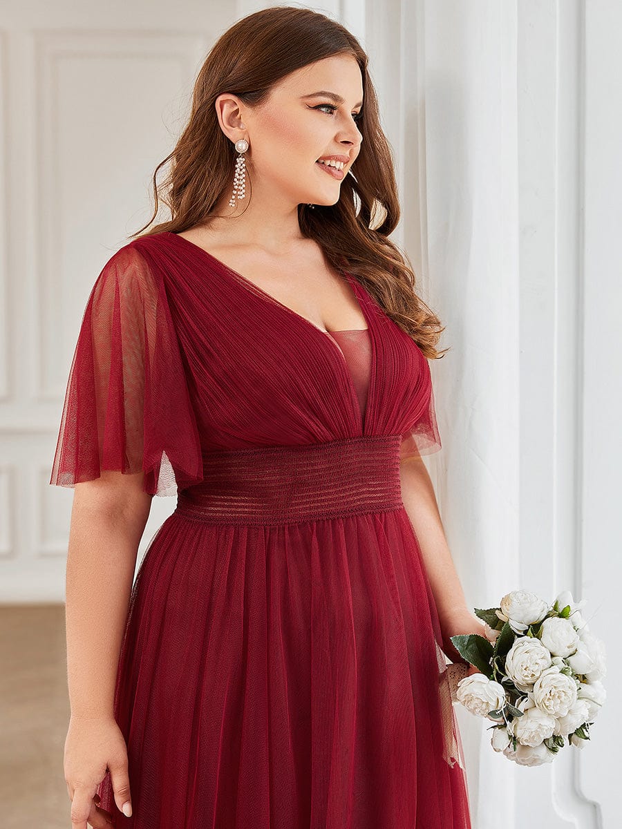 Custom Size A-Line Pleated Flutter Sleeve Tulle Maxi Bridesmaid Dress Mother of the Bride Dress Evening Gowns