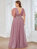 Custom Size A-Line Pleated Flutter Sleeve Tulle Maxi Bridesmaid Dress Mother of the Bride Dress Evening Gowns