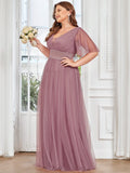 Custom Size A-Line Pleated Flutter Sleeve Tulle Maxi Bridesmaid Dress Mother of the Bride Dress Evening Gowns