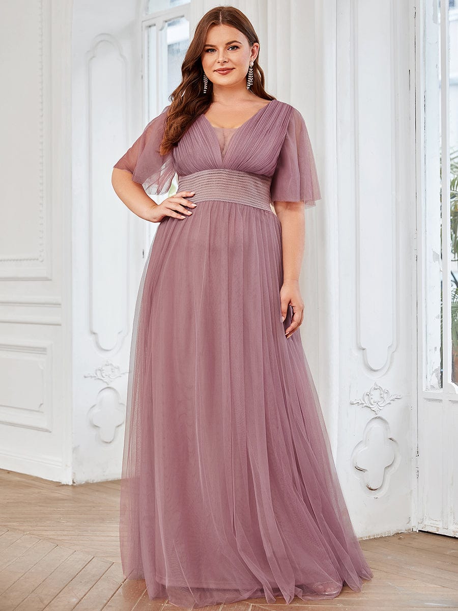 Custom Size A-Line Pleated Flutter Sleeve Tulle Maxi Bridesmaid Dress Mother of the Bride Dress Evening Gowns