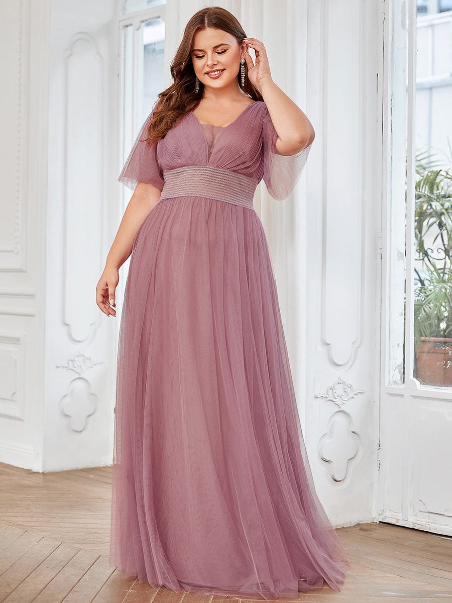 Custom Size A-Line Pleated Flutter Sleeve Tulle Maxi Bridesmaid Dress Mother of the Bride Dress Evening Gowns