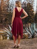 Chiffon Double V-Neck A Line Bridesmaid Dress with Asymmetrical Hem Junior Dresses Prom Gowns