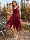 Chiffon Double V-Neck A Line Bridesmaid Dress with Asymmetrical Hem Junior Dresses Prom Gowns