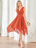 Chiffon Double V-Neck A Line Bridesmaid Dress with Asymmetrical Hem Junior Dresses Prom Gowns