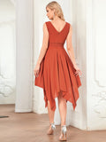 Chiffon Double V-Neck A Line Bridesmaid Dress with Asymmetrical Hem Junior Dresses Prom Gowns