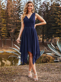 Chiffon Double V-Neck A Line Bridesmaid Dress with Asymmetrical Hem Junior Dresses Prom Gowns