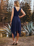Chiffon Double V-Neck A Line Bridesmaid Dress with Asymmetrical Hem Junior Dresses Prom Gowns