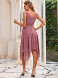 Chiffon Double V-Neck A Line Bridesmaid Dress with Asymmetrical Hem Junior Dresses Prom Gowns