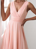 Chiffon Double V-Neck A Line Bridesmaid Dress with Asymmetrical Hem Junior Dresses Prom Gowns