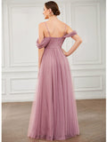 Draped Sleeve Spaghetti Strap A-Line Tulle Bridesmaid Dress Formal Prom Evening Dresses