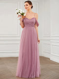 Draped Sleeve Spaghetti Strap A-Line Tulle Bridesmaid Dress Formal Prom Evening Dresses