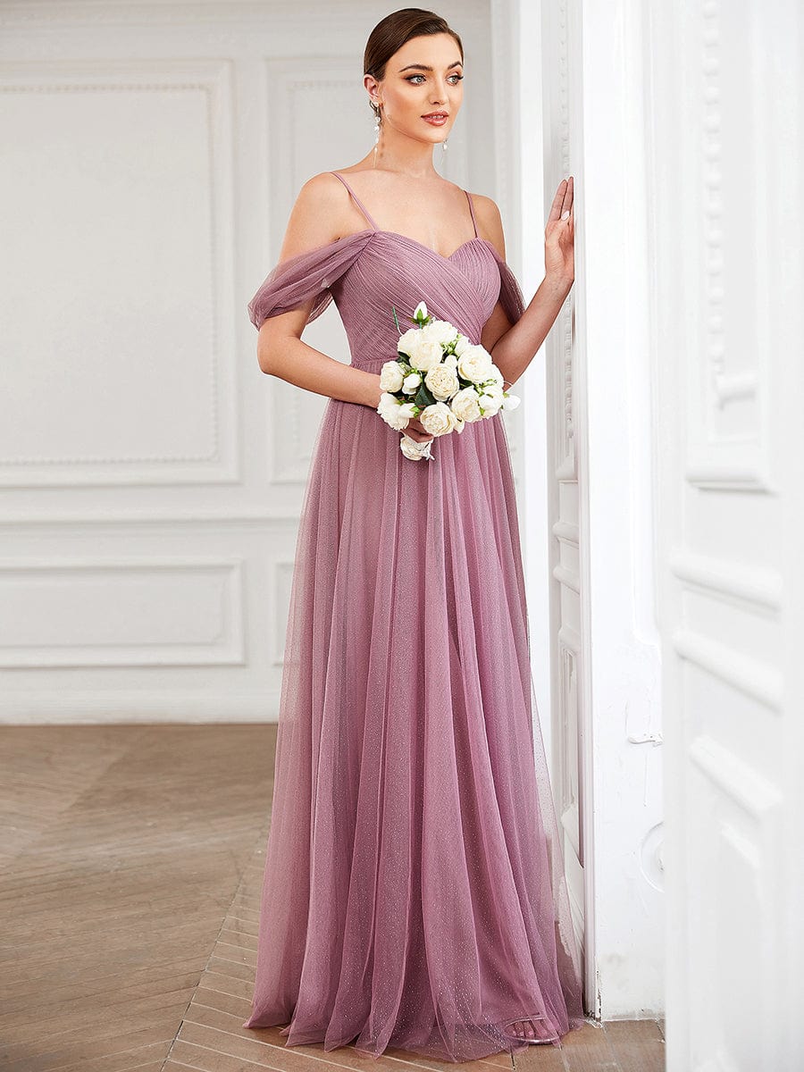 Draped Sleeve Spaghetti Strap A-Line Tulle Bridesmaid Dress Formal Prom Evening Dresses