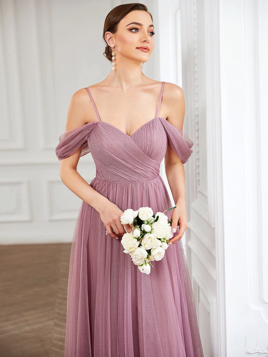 Draped Sleeve Spaghetti Strap A-Line Tulle Bridesmaid Dress Formal Prom Evening Dresses
