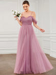 Draped Sleeve Spaghetti Strap A-Line Tulle Bridesmaid Dress Formal Prom Evening Dresses