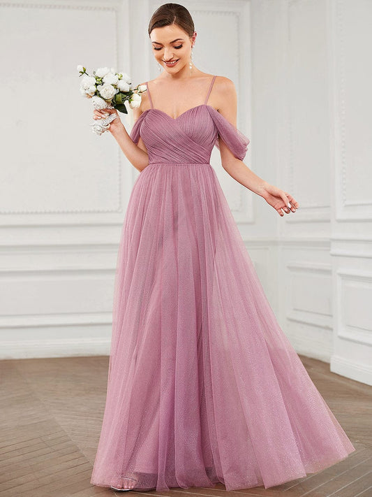Draped Sleeve Spaghetti Strap A-Line Tulle Bridesmaid Dress Formal Prom Evening Dresses