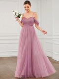 Draped Sleeve Spaghetti Strap A-Line Tulle Bridesmaid Dress Formal Prom Evening Dresses