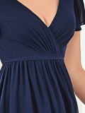 Flutter Sleeve Plunging V-Neck Sheer Bridesmaid Dress Junior Party Gowns Prom Dresses