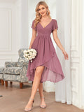 Flutter Sleeve Plunging V-Neck Sheer Bridesmaid Dress Junior Party Gowns Prom Dresses