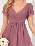Flutter Sleeve Plunging V-Neck Sheer Bridesmaid Dress Junior Party Gowns Prom Dresses