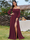 High-Slit Waist Pleated Off Shoulder Chiffon Bridesmaid Dress with Long Sleeves Mother of the Bride Dresses