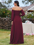 High-Slit Waist Pleated Off Shoulder Chiffon Bridesmaid Dress with Long Sleeves Mother of the Bride Dresses