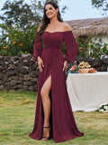 High-Slit Waist Pleated Off Shoulder Chiffon Bridesmaid Dress with Long Sleeves Mother of the Bride Dresses