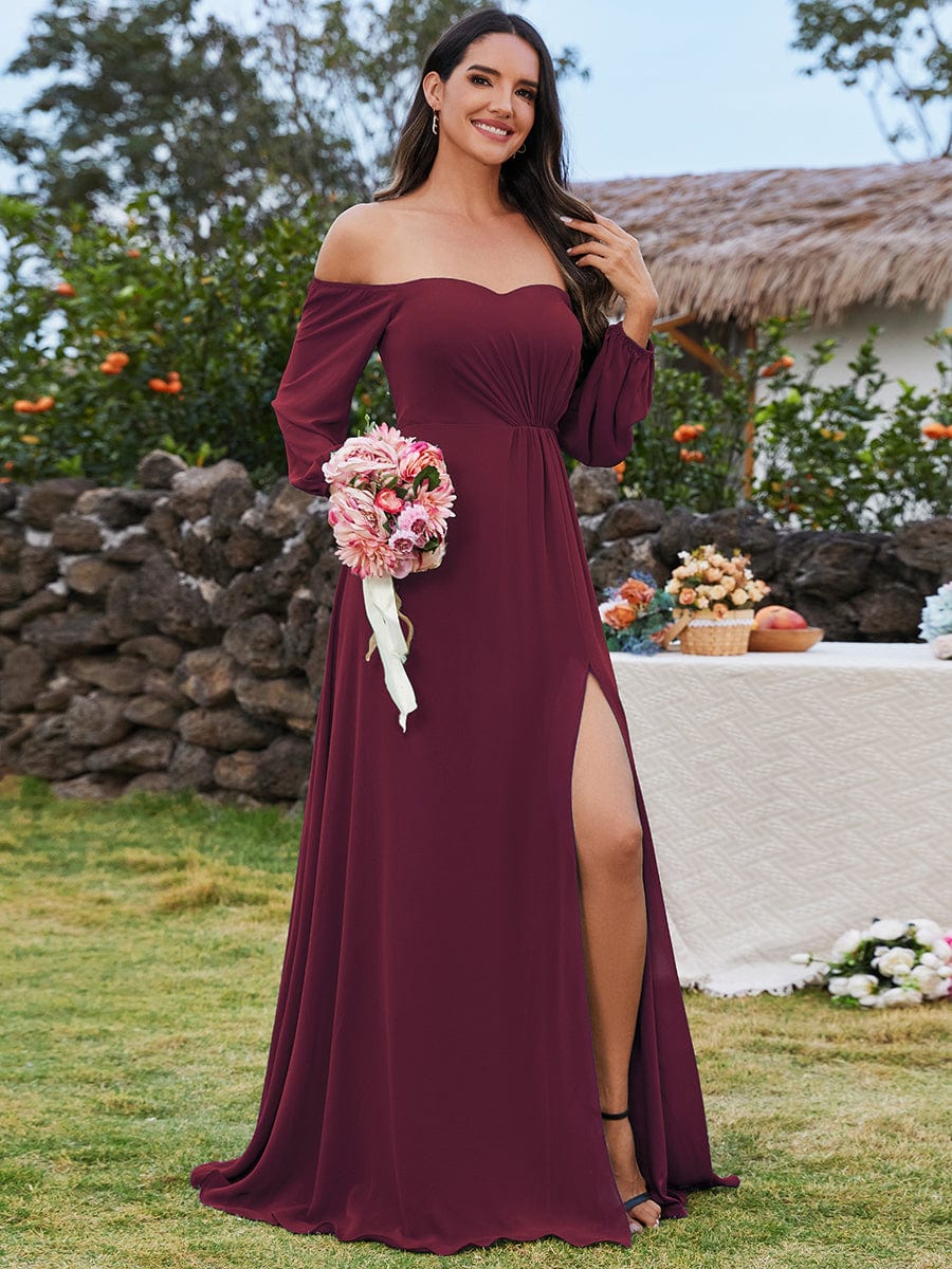 High-Slit Waist Pleated Off Shoulder Chiffon Bridesmaid Dress with Long Sleeves Mother of the Bride Dresses