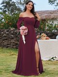 High-Slit Waist Pleated Off Shoulder Chiffon Bridesmaid Dress with Long Sleeves Mother of the Bride Dresses